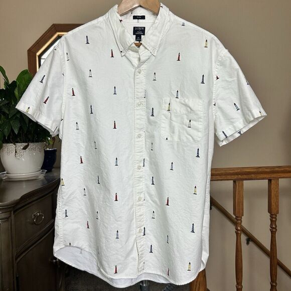 J. Crew Men's Slim Flex Oxford XL White Multicolored Lighthouses Summer Nautical - Picture 1 of 8